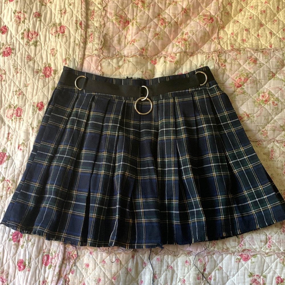 Dolls Kill Current Mood green and navy blue O-ring plaid pleated skirt size S